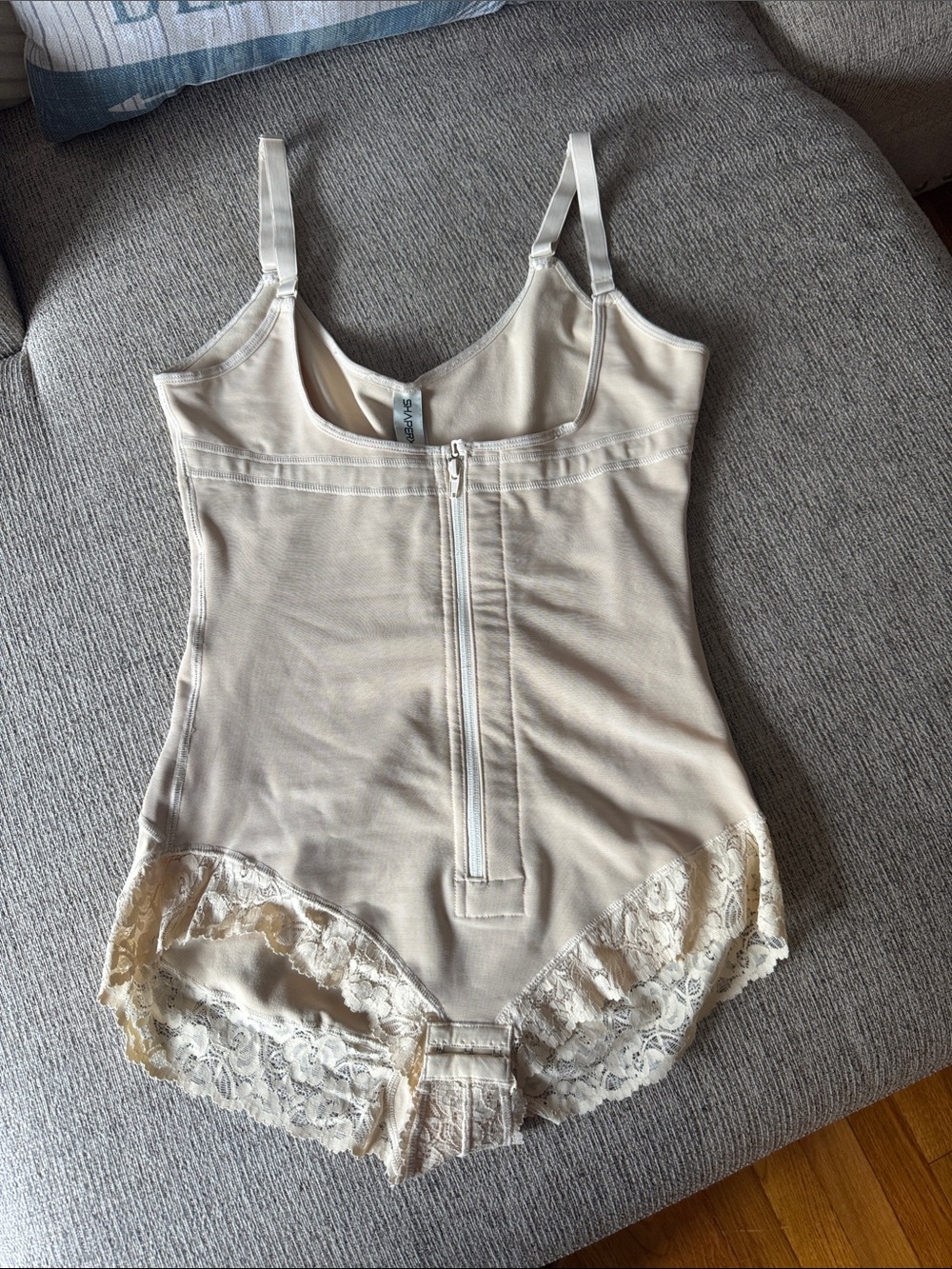 Front-Zip Lace-Trim Shapewear Bodysuit in Cream